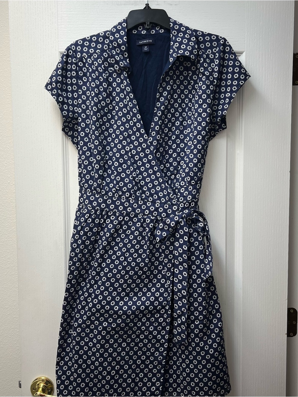 Lands' End Women's Navy White Geometric Print Wrap Dress Size 14P